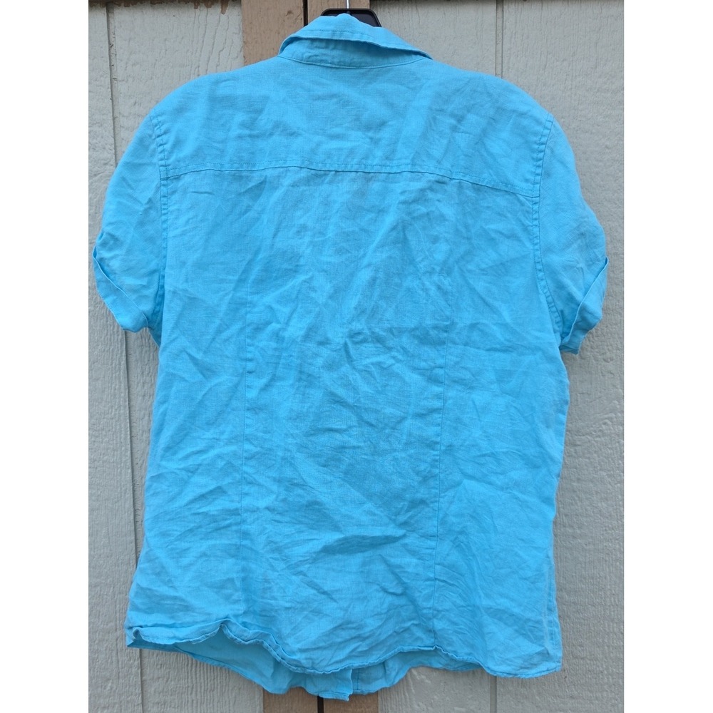L.L. Bean Linen Turquoise Button Gorp Coastal Preppy Classic Large Ocean Blue - Picture 4 of 4